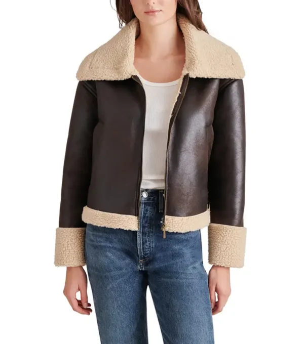 Paige Plain Brown Shearling Aviator Leather Jacket Open Front