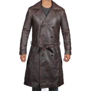 Paul Distressed Double breasted Long Leather Coat