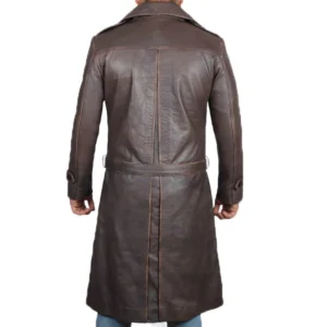 Paul Distressed Double breasted Long Leather Coat Back