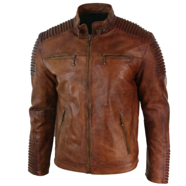 Phareall Distressed Brown Leather Motorcycle Jacket