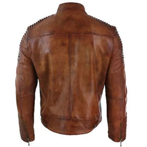Phareall Distressed Brown Leather Motorcycle Jacket Back