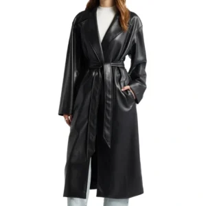Quinn Fashion Savvy Black Belted Leather Long Coat