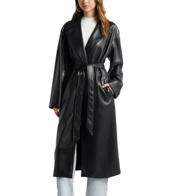 Quinn Fashion Savvy Black Belted Leather Long Coat
