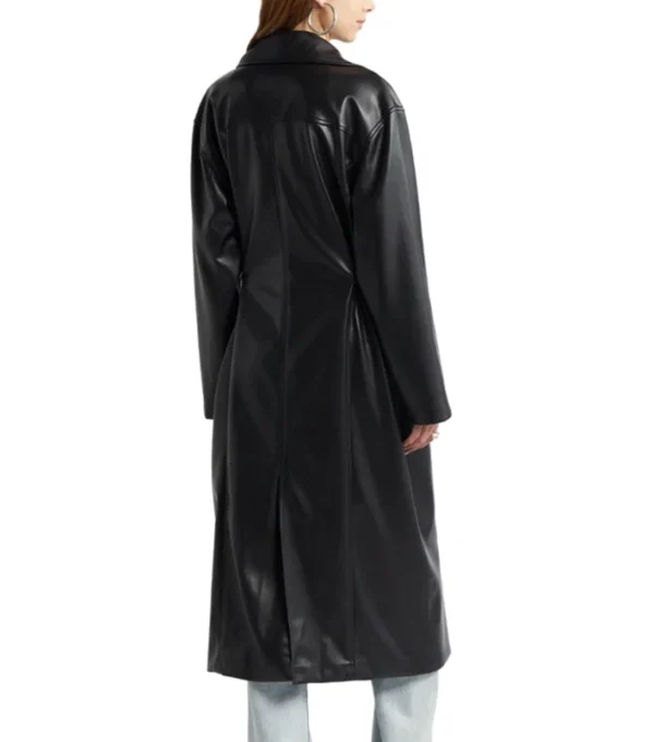 Quinn Fashion Savvy Black Belted Leather Long Coat Back