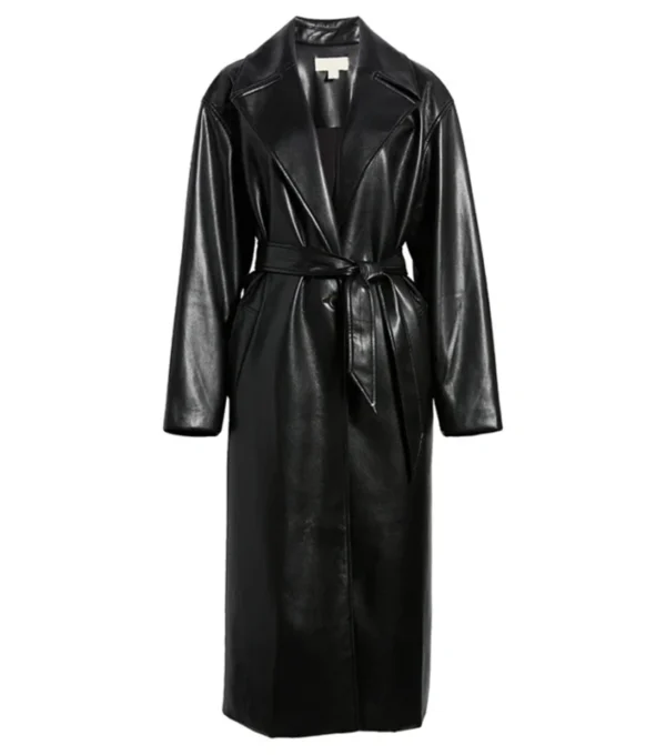 Quinn Fashion Savvy Black Belted Leather Long Coat Front