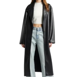 Quinn Fashion Savvy Black Belted Leather Long Coat Open Front