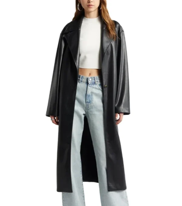 Quinn Fashion Savvy Black Belted Leather Long Coat Open Front