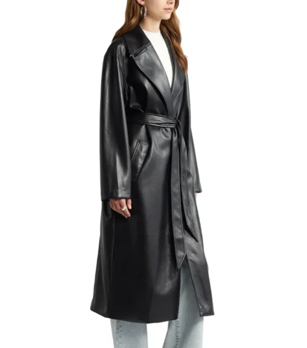 Quinn Fashion Savvy Black Belted Leather Long Coat Side View