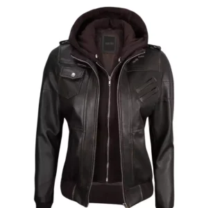 Raistlin Removable Hooded Leather Motorcycle Black Bomber Jacket