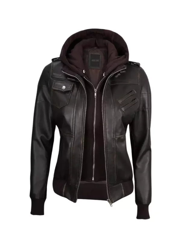 Raistlin Removable Hooded Leather Motorcycle Black Bomber Jacket
