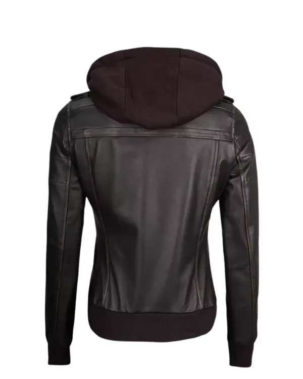 Raistlin Removable Hooded Leather Motorcycle Black Bomber Jacket Back