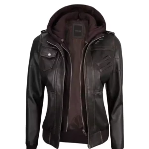 Raistlin Removable Hooded Leather Motorcycle Black Bomber Jacket Front