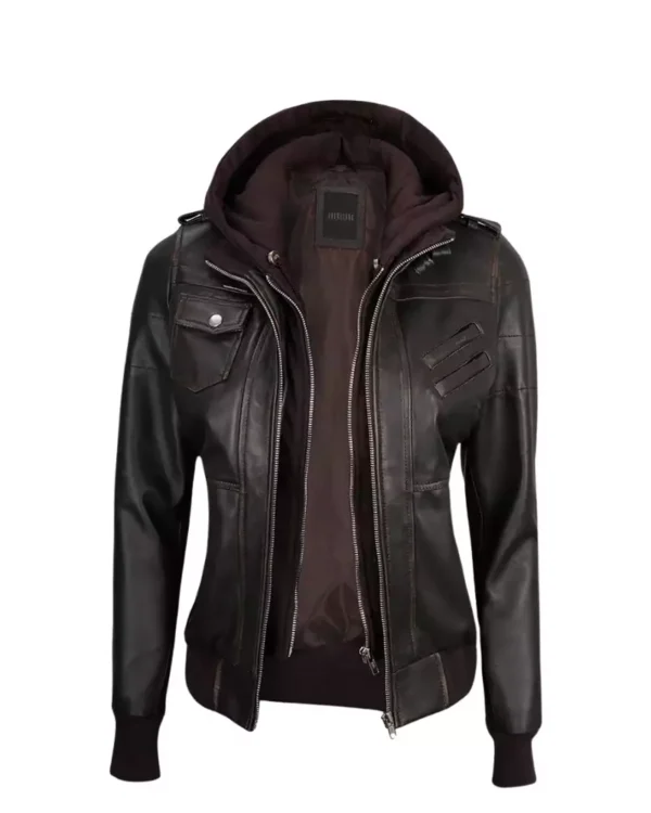 Raistlin Removable Hooded Leather Motorcycle Black Bomber Jacket Front