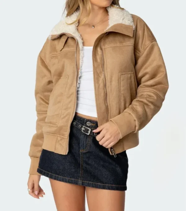 Reagan Tan Brown Suede Shearling Leather Jacket