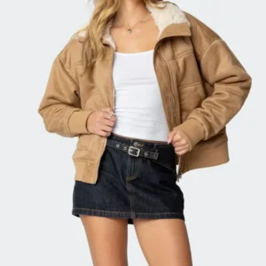 Reagan Tan Brown Suede Shearling Leather Jacket Front
