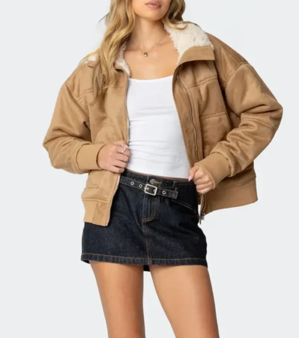 Reagan Tan Brown Suede Shearling Leather Jacket Front
