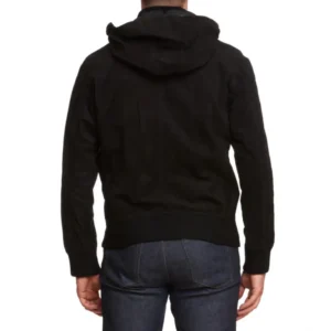 Regan black suede hooded leather jacket back