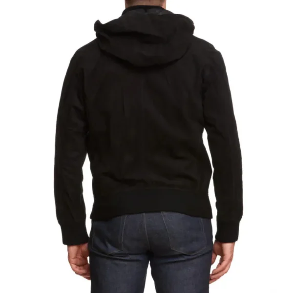 Regan black suede hooded leather jacket back