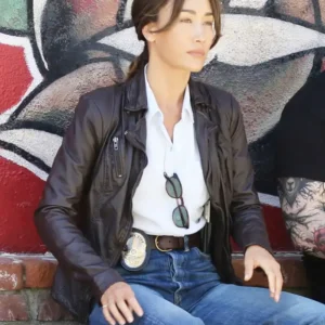 Renée Ballard Coffee Brown Leather Jacket Front
