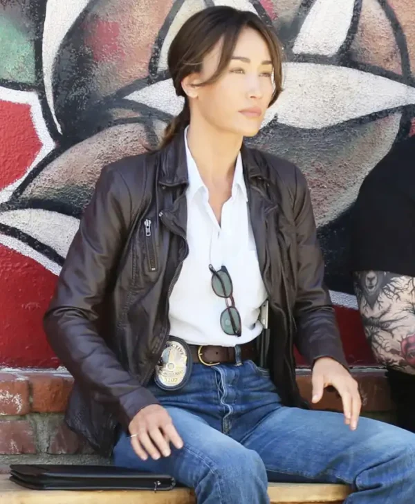 Renée Ballard Coffee Brown Leather Jacket Front
