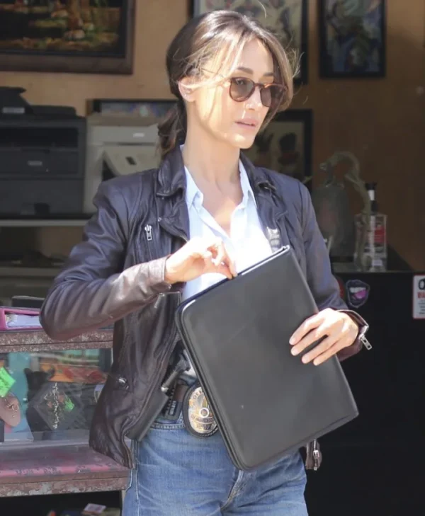 Renée Ballard Coffee Brown Leather Jacket Front View