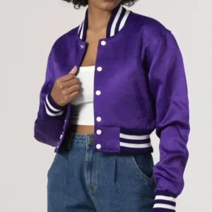 Rhett Simple Purple Cropped Satin Varsity Jacket Front