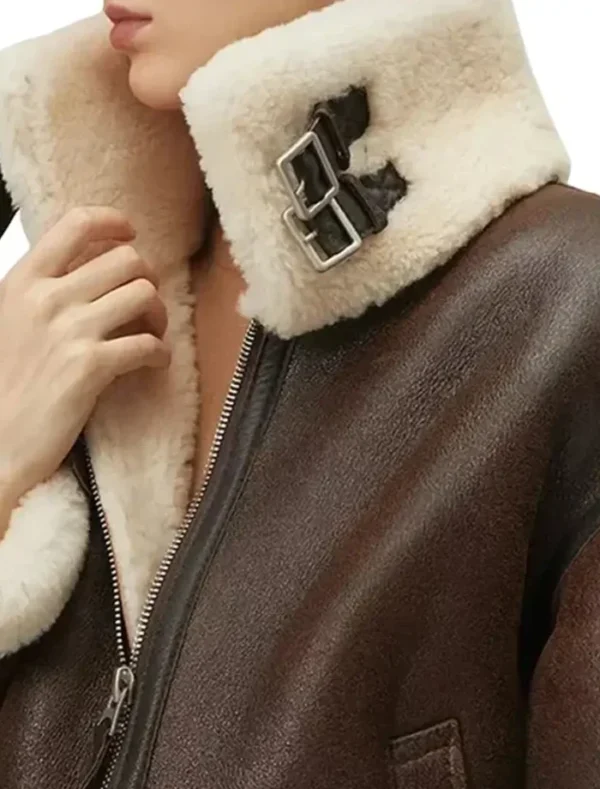 Rosie Brown B3 Shearling Bomber Leather Aviator Jacket Closeup