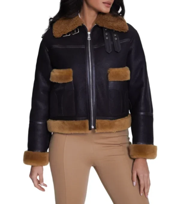 Sabrina Shearling Brown Fur Trim Real Leather Jacket