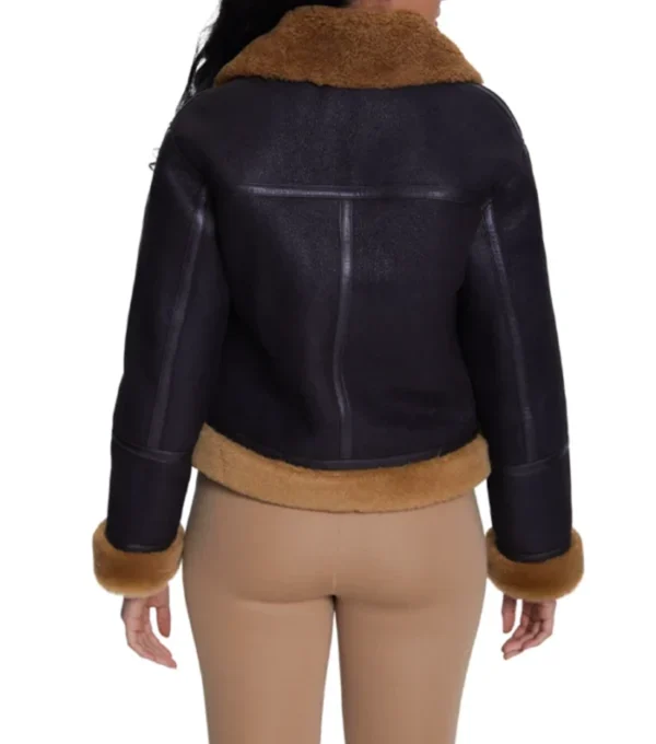 Sabrina Shearling Brown Fur Trim Real Leather Jacket Back