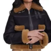 Sabrina Shearling Brown Fur Trim Real Leather Jacket Front