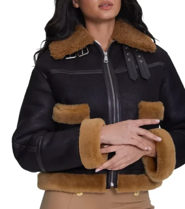 Sabrina Shearling Brown Fur Trim Real Leather Jacket Front