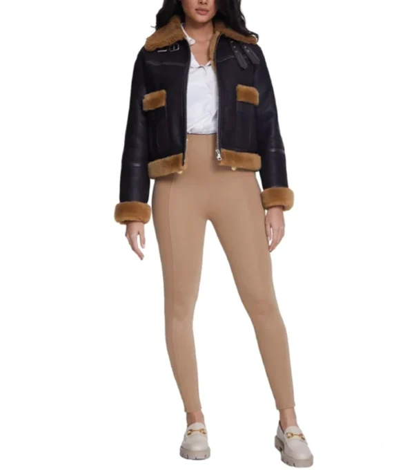 Sabrina Shearling Brown Fur Trim Real Leather Jacket Open Front