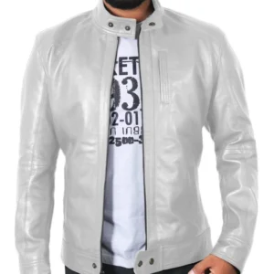 Salma White Classic Cafe Racer Leather Jacket
