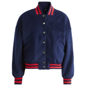 Savanah Blue Fashionable Varsity Bomber Jacket Front