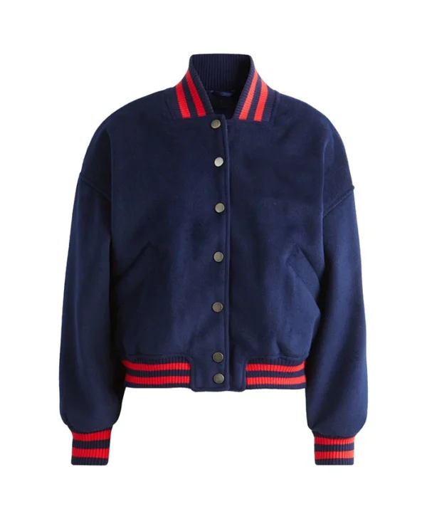Savanah Blue Fashionable Varsity Bomber Jacket Front
