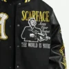 Scarface Black and Yellow Tony Montana Varsity Bomber Jacket Closeup