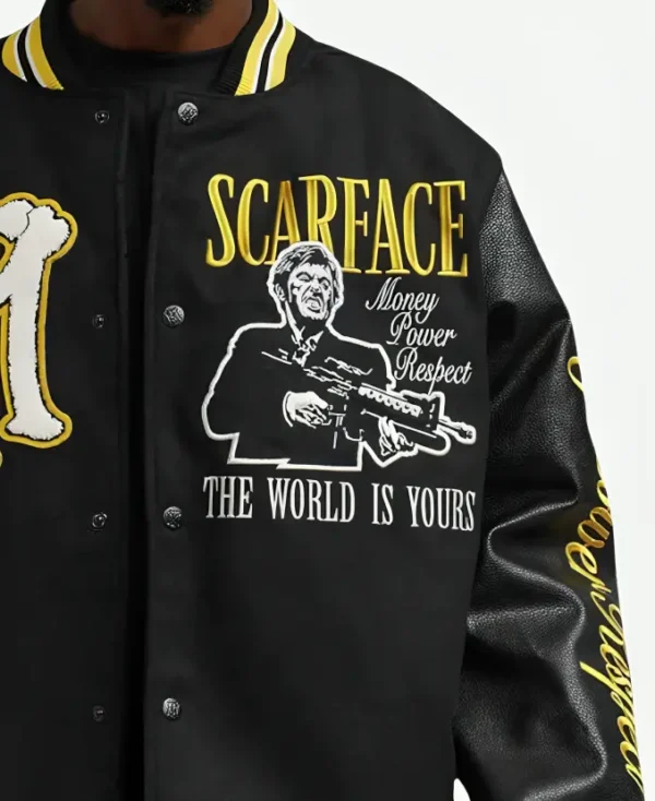 Scarface Black and Yellow Tony Montana Varsity Bomber Jacket Closeup