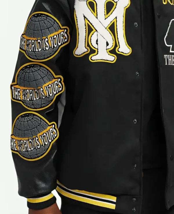 Scarface Black and Yellow Tony Montana Varsity Bomber Jacket Closeup on Sleeves