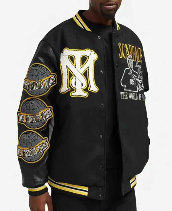 Scarface Black and Yellow Tony Montana Varsity Bomber Jacket Right Side View