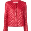 Selara Diamond Quilted Red Leather Collarless Jacket