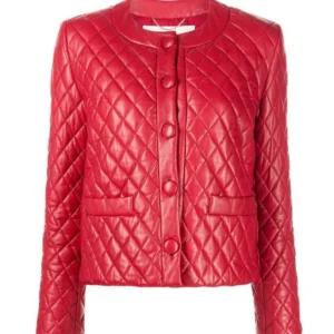 Selara Diamond Quilted Red Leather Collarless Jacket
