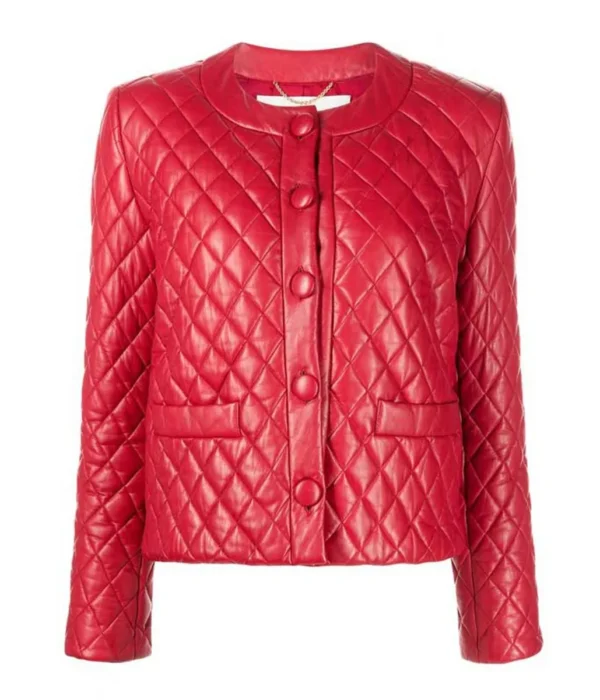 Selara Diamond Quilted Red Leather Collarless Jacket