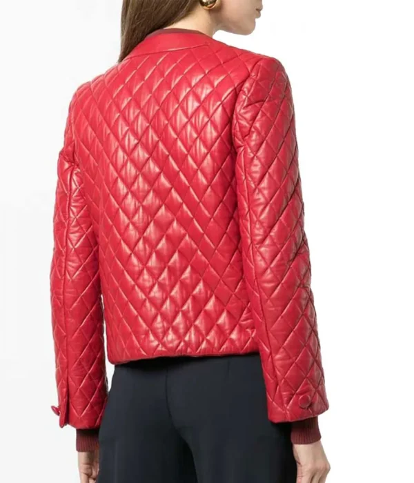 Selara Diamond Quilted Red Leather Collarless Jacket Back