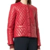 Selara Diamond Quilted Red Leather Collarless Jacket Front