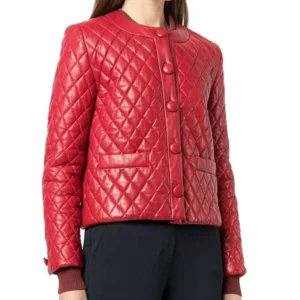 Selara Diamond Quilted Red Leather Collarless Jacket Front