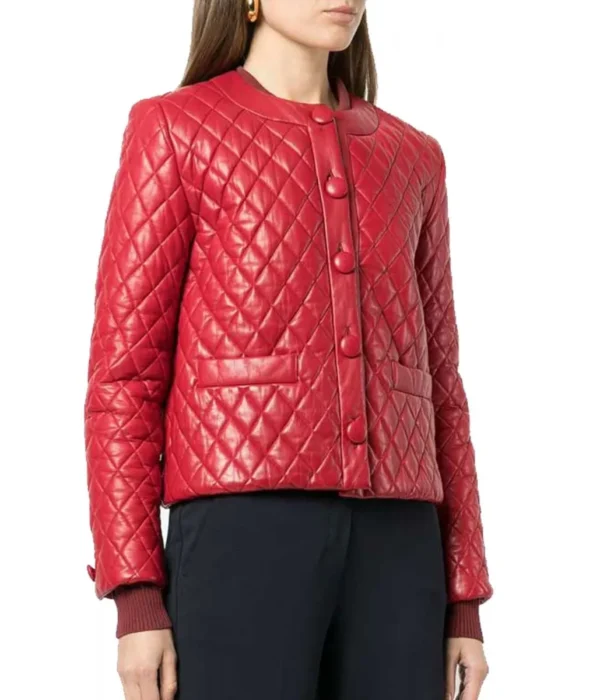 Selara Diamond Quilted Red Leather Collarless Jacket Front