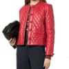 Selara Diamond Quilted Red Leather Collarless Jacket Open Front