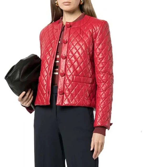 Selara Diamond Quilted Red Leather Collarless Jacket Open Front