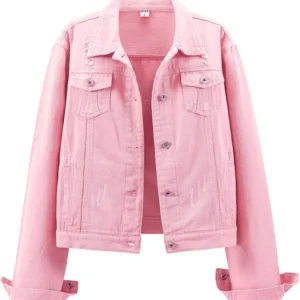 Shania Distressed Denim Long Sleeve Pink Jean Jacket