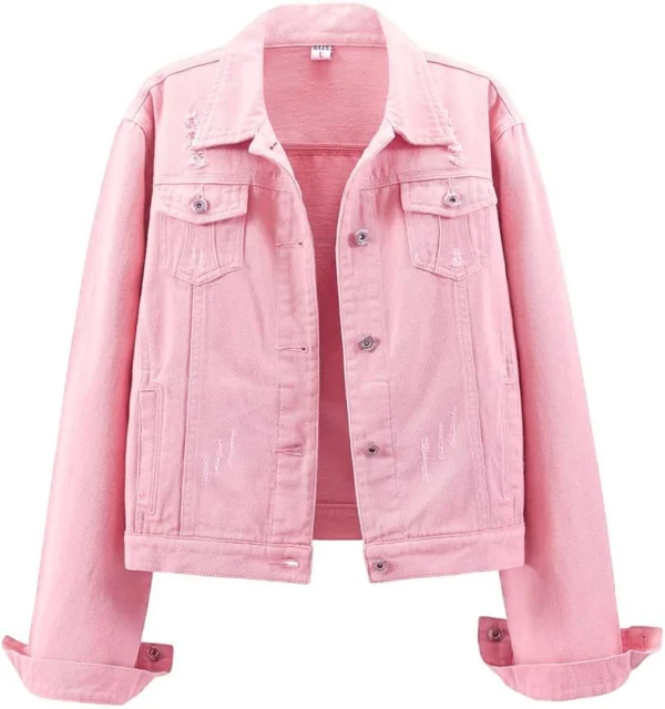 Shania Distressed Denim Long Sleeve Pink Jean Jacket